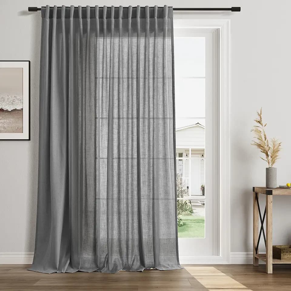 Blazer Grey Sliding Glass Door Curtains Linen 100 Inch Extra Wide Back Tab Curtain Living Room Semi Sheer Grey Farmhouse Modern Patio Room Divider Light Filtering Drape 1 Panel W100xL96