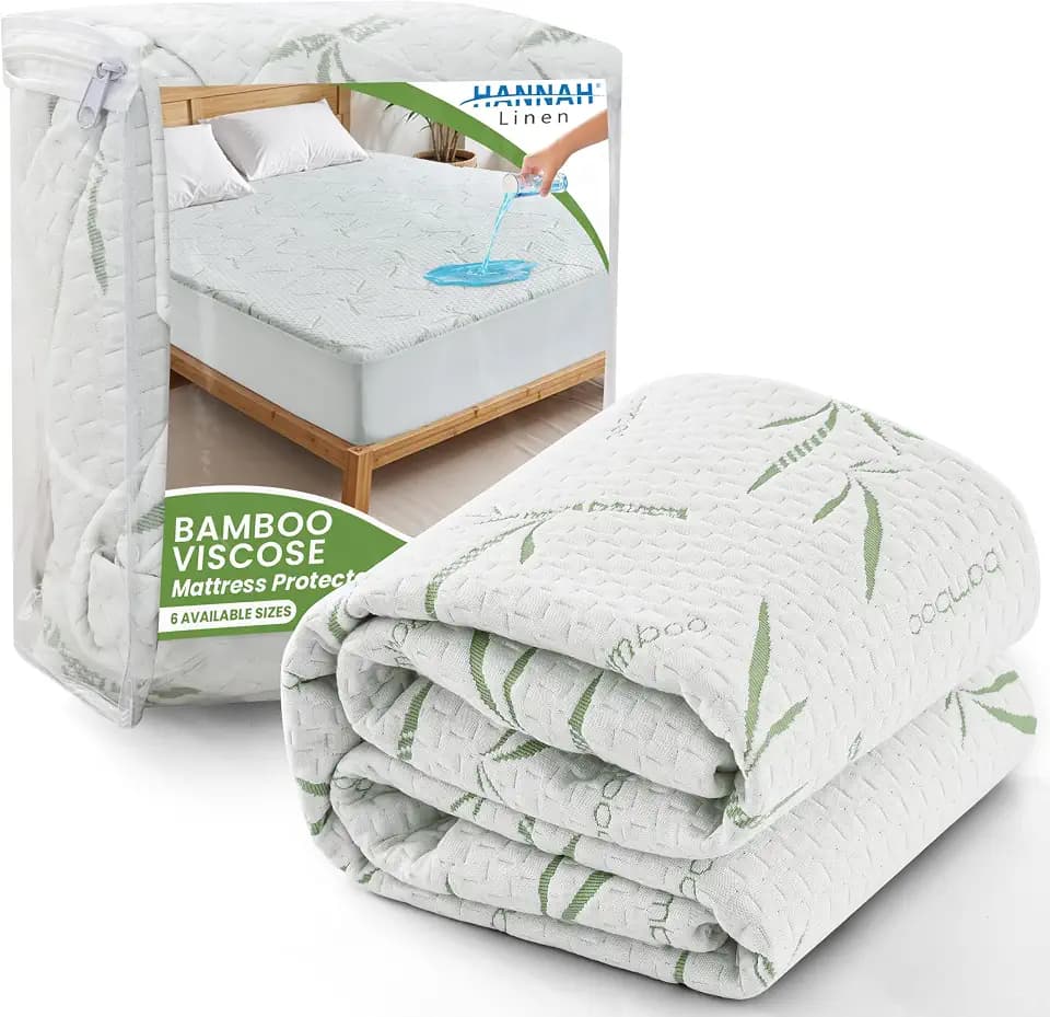 Hannah Linen Queen Mattress Protector, Cooling Rayon dervied from Bamboo Viscose, 100% Waterproof - Fitted Sheet Style, Deep Pocket
