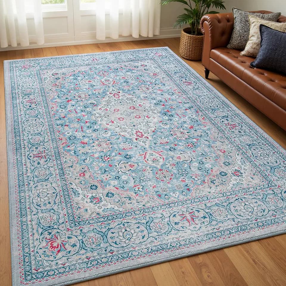 Goideal Washable Rug 4x6, Blue Area Rugs Non Slip, Indoor Low Pile Carpet with Rubber Backing for Living Room Kitchen Bathroom Entryway Office Bedroom