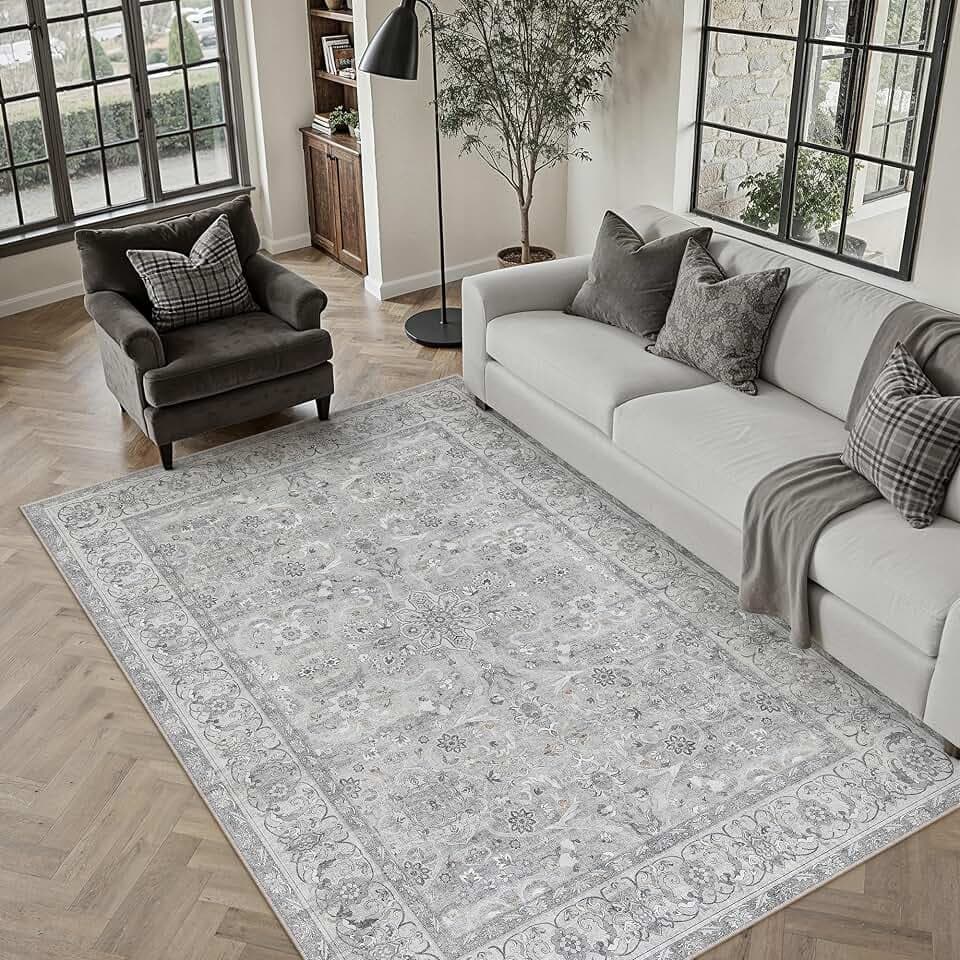 PureCozy Gray 5x7 Washable Area Rug Bedroom Vintage Distressed Carpet