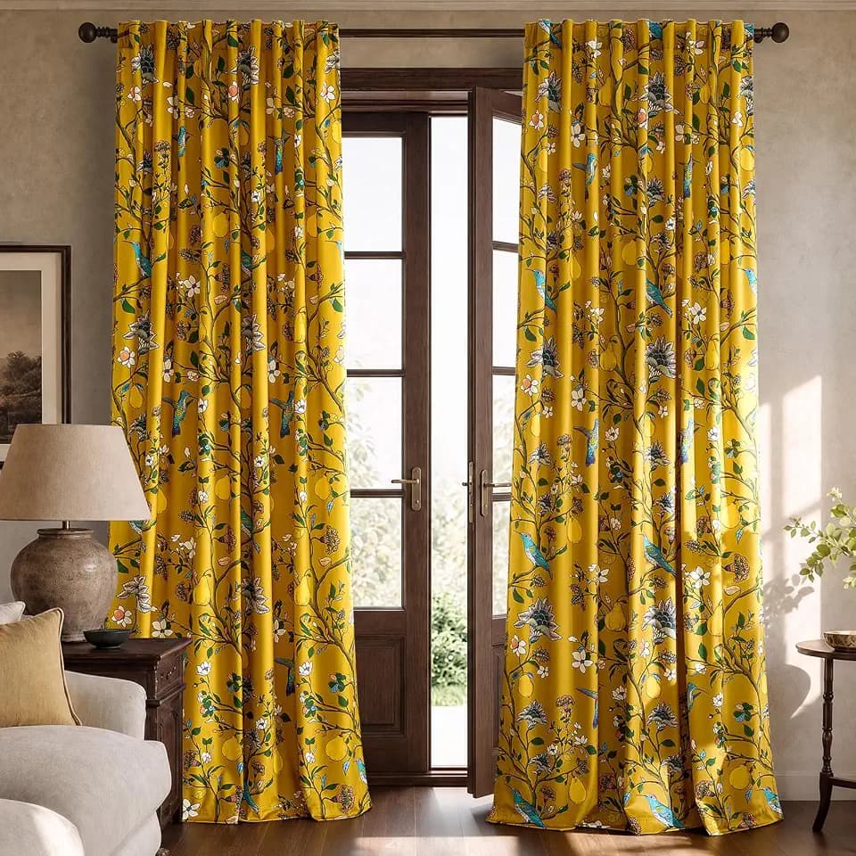 Mustard Yellow Velvet Floral Curtains 72 inch for Living Room,2 Panels