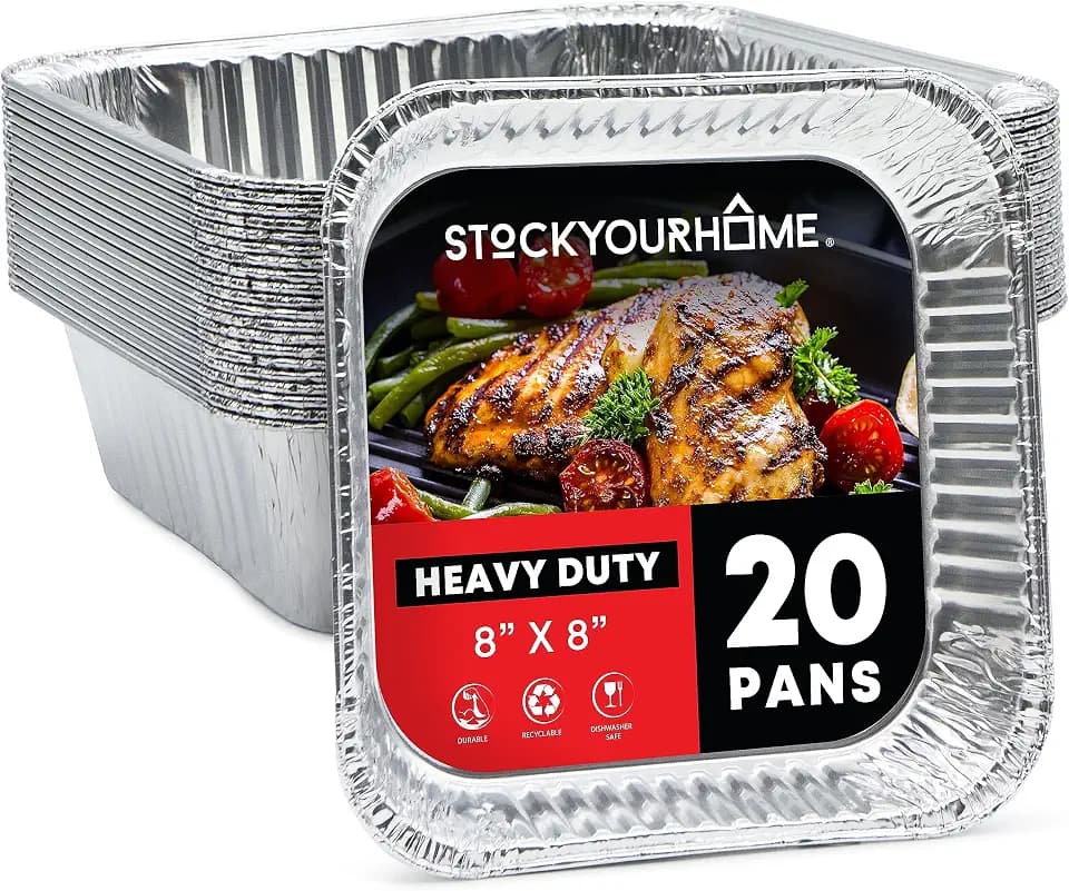 Stock Your Home 8x8 Foil Pans (20 Pack) 8 Inch Square Aluminum Pans - Foil Pans - Disposable Food Containers Great for Baking Cake, Cooking, Heating, Storing, Prepping Food