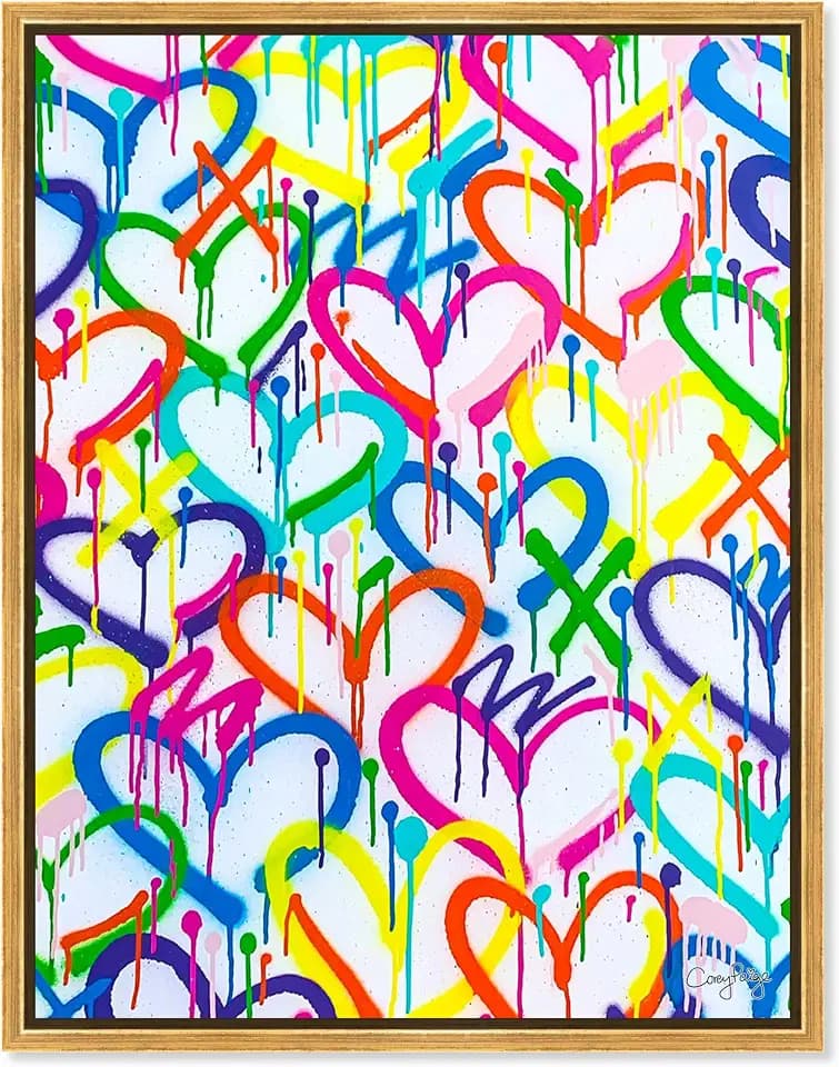 The Oliver Gal Artist Co. Abstract Modern Canvas Wall Art Corey Paige - Rainbow Graffiti Hearts Living Room Bedroom and Bathroom Home Decor 30 in x 36 in Pink and Blue, Gold Frame
