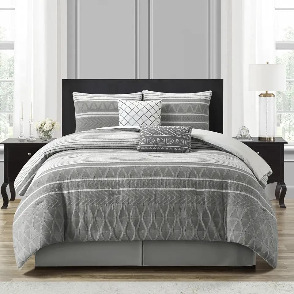 Stratford Park Cotton King Size Comforter Set, 6 Piece, Color Grey, Geometric Jacquard Bedding Set, Matching Bedskirt, Pillows & Shams