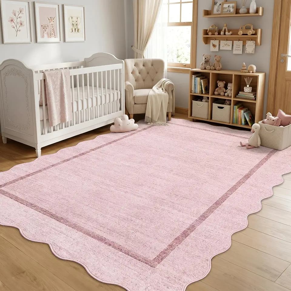 Garvee Scalloped Washable Rug 5x7 Area Rugs for Living Room Non Slip Throw Rugs Bedroom Rugs Boho Low Pile Soft Non Shedding Stain Resistant Carpet for Dining Room Nursery Office 5'x7' Pink