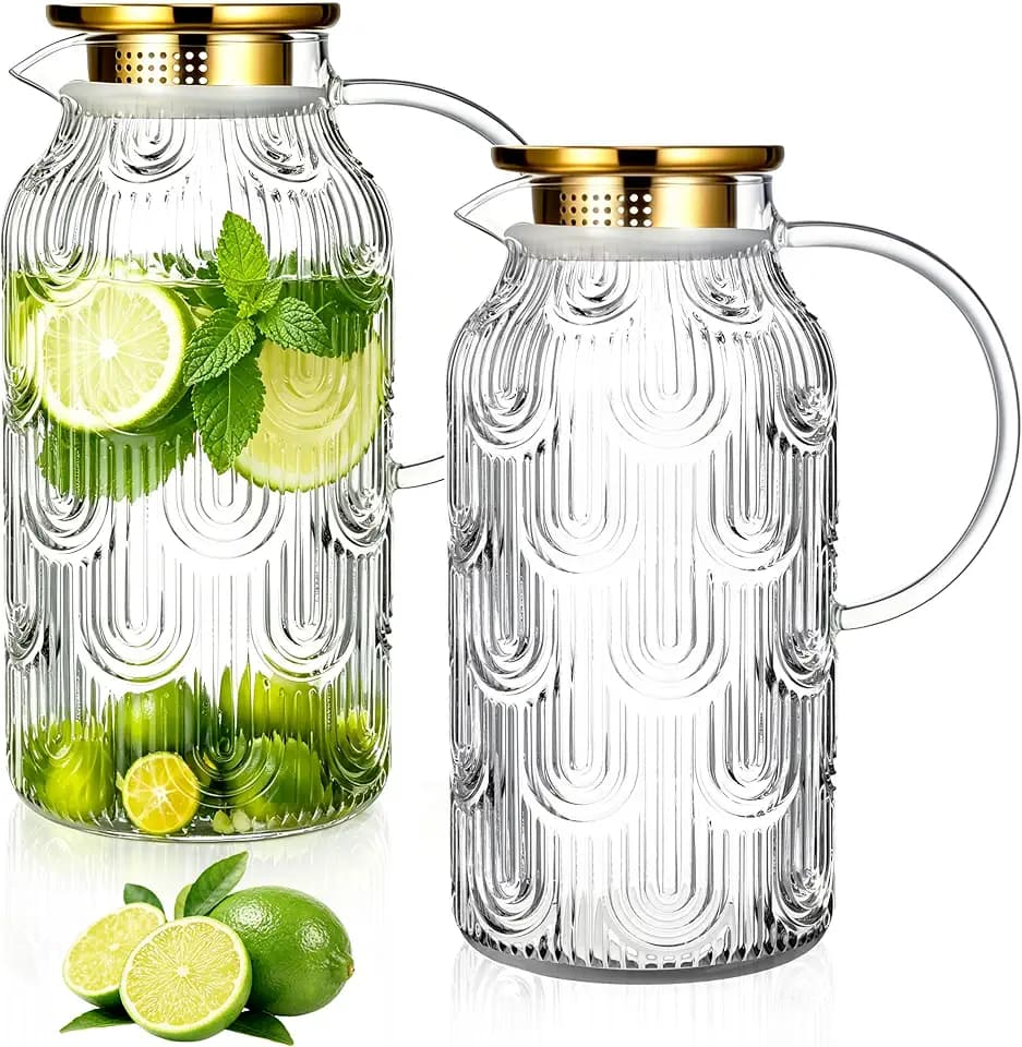 Buaic 2 PACK Glass Pitcher with Lid, 68 oz Vintage Water Carafe for Fridge