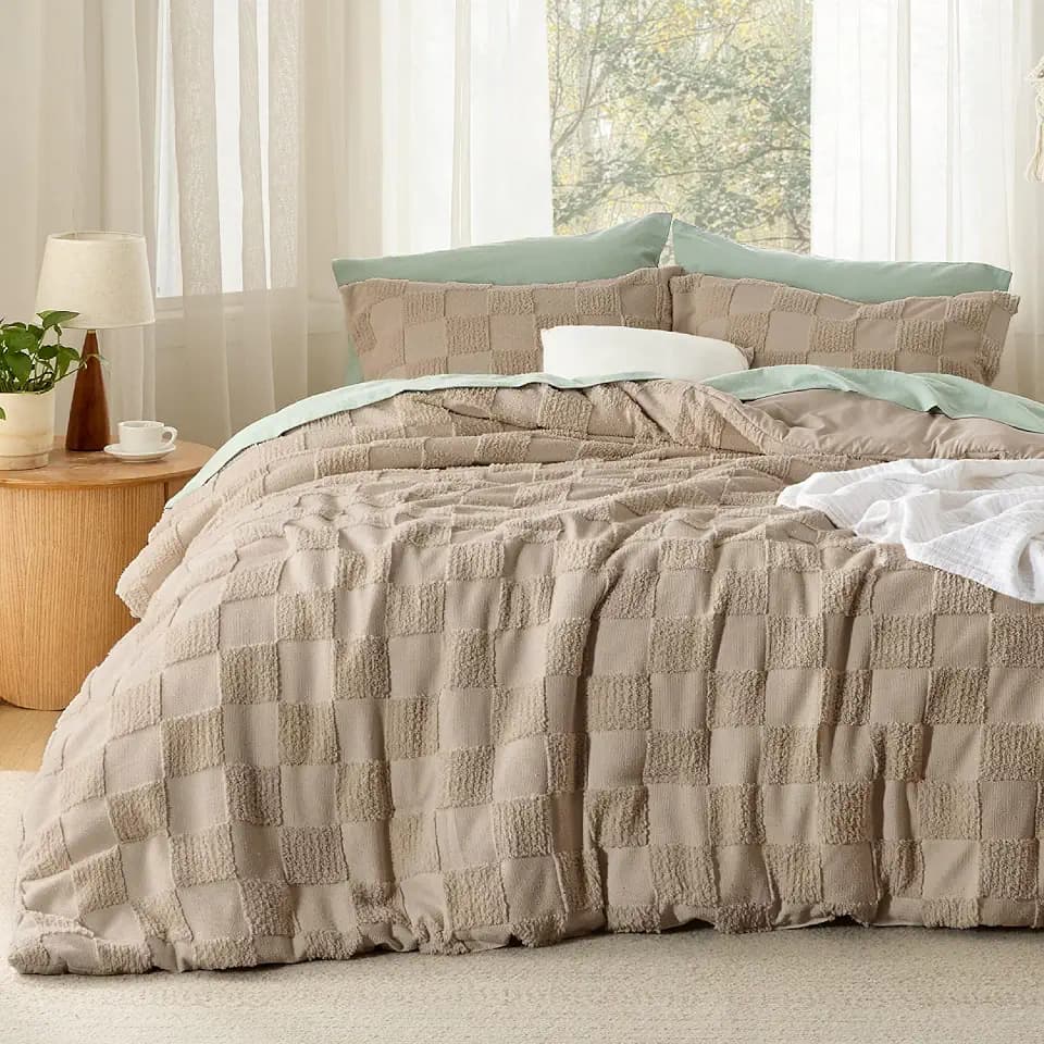 Bedsure Full Size Comforter Sets Khaki, Vintage Boho Plaid Bedding 3 Pcs