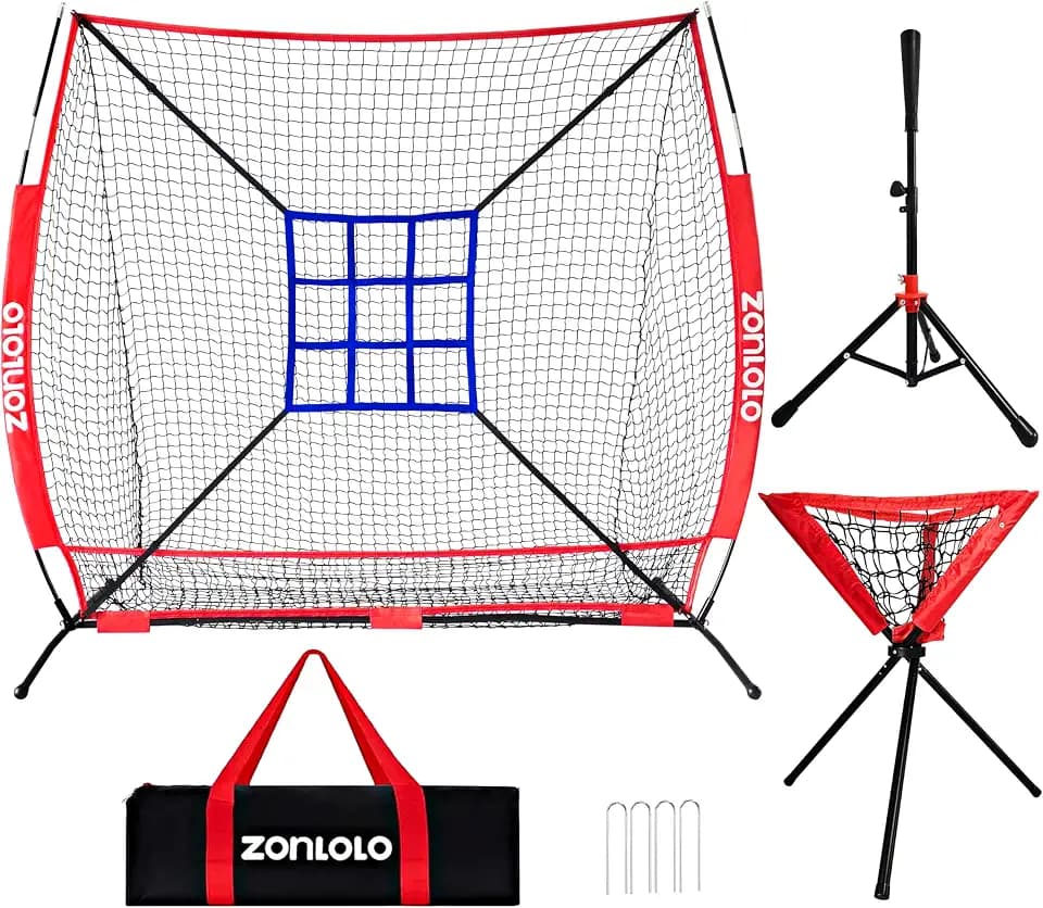 ZONLOLO 6x6ft Portable Baseball & Softball Net for Hitting,Pitching, Batting and Throwing, with Sturdy Bow Frame,Batting Tee, Ball Caddy and Strike Zone, Middel Size, Great for Kids!
