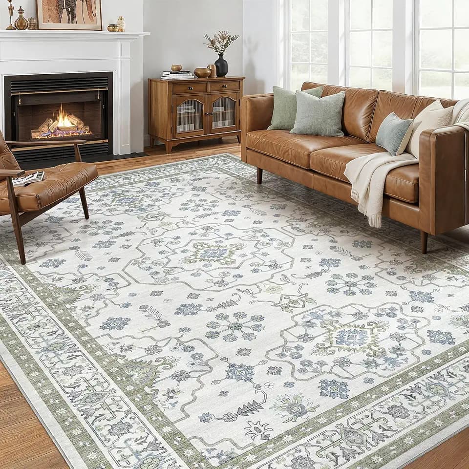 Area Rug 9x12 for Living Room - Washable Oriental Vintage Floral Distressed Large Indoor Carpets with Non Slip Back for Bedroom Dining Room Nursery Office Home Decor -Light Green