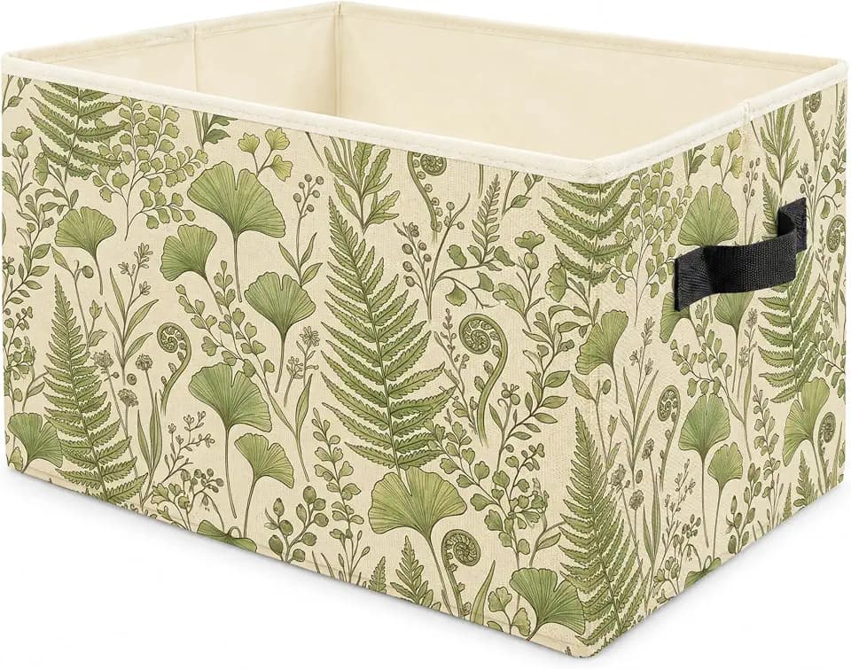 Sage Green Plant Storage Bins with Handles, Plant Lover Gifts for Women Men, Fern Ginkgo Leaf Botanical Collapsible Laundry Basket Storage Box for Home Bedroom Clothes Toys Books