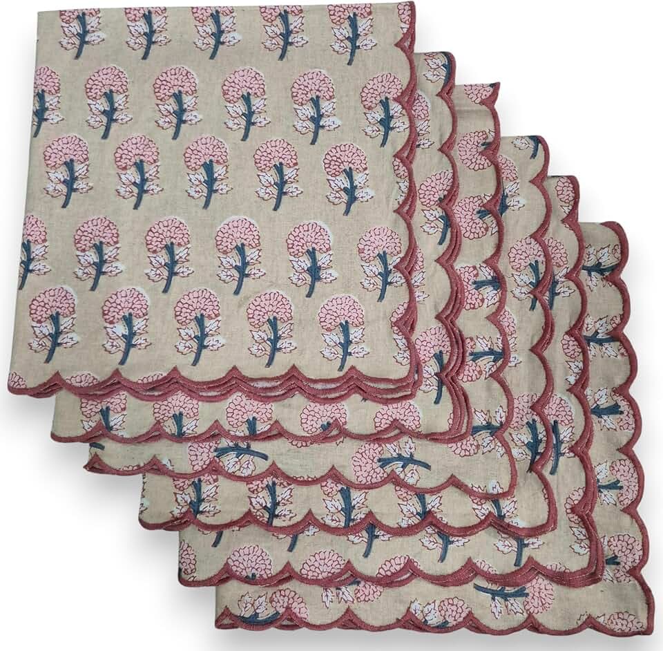 100% Cotton Hand Block Printed Napkins - 16" x 16" (Set of 6) with Scalloped Edge, Reusable & Washable Decorative Cloth Dinner Napkin for Kitchen, Dining, Parties & Daily Use - Beige Pink