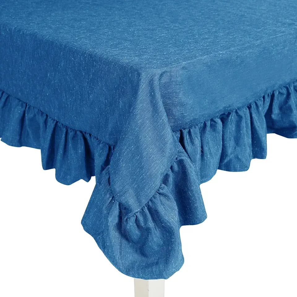 60"x90" Decorator Tablecloth Dining and Banquet Rustic Style Linen Ruffled Edge (Blue)