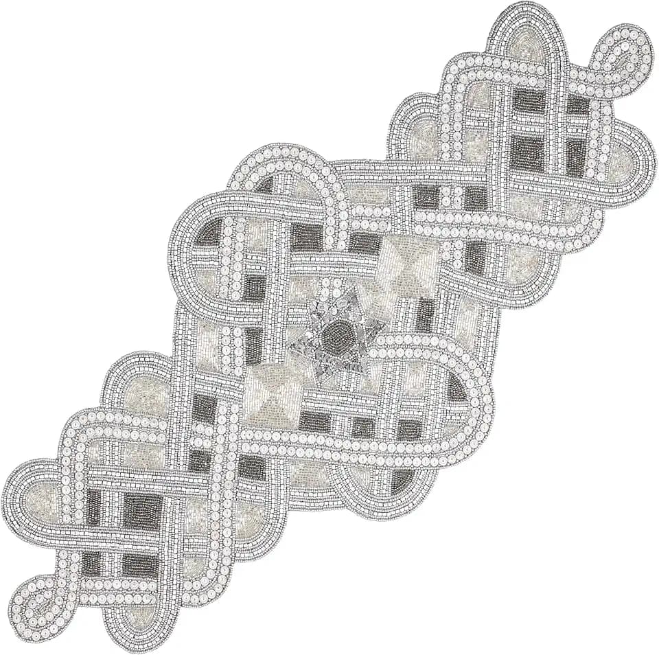 Handmade Beaded Table Runner 13x36 Inch Grey Silver Glass Bead Centerpiece