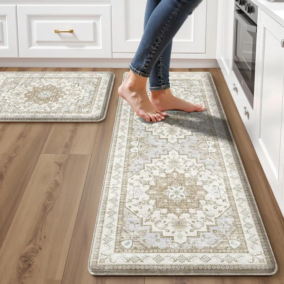 Boho Kitchen Mats for Floor 2PC Anti Fatigue Kitchen Rugs, Beige Tan