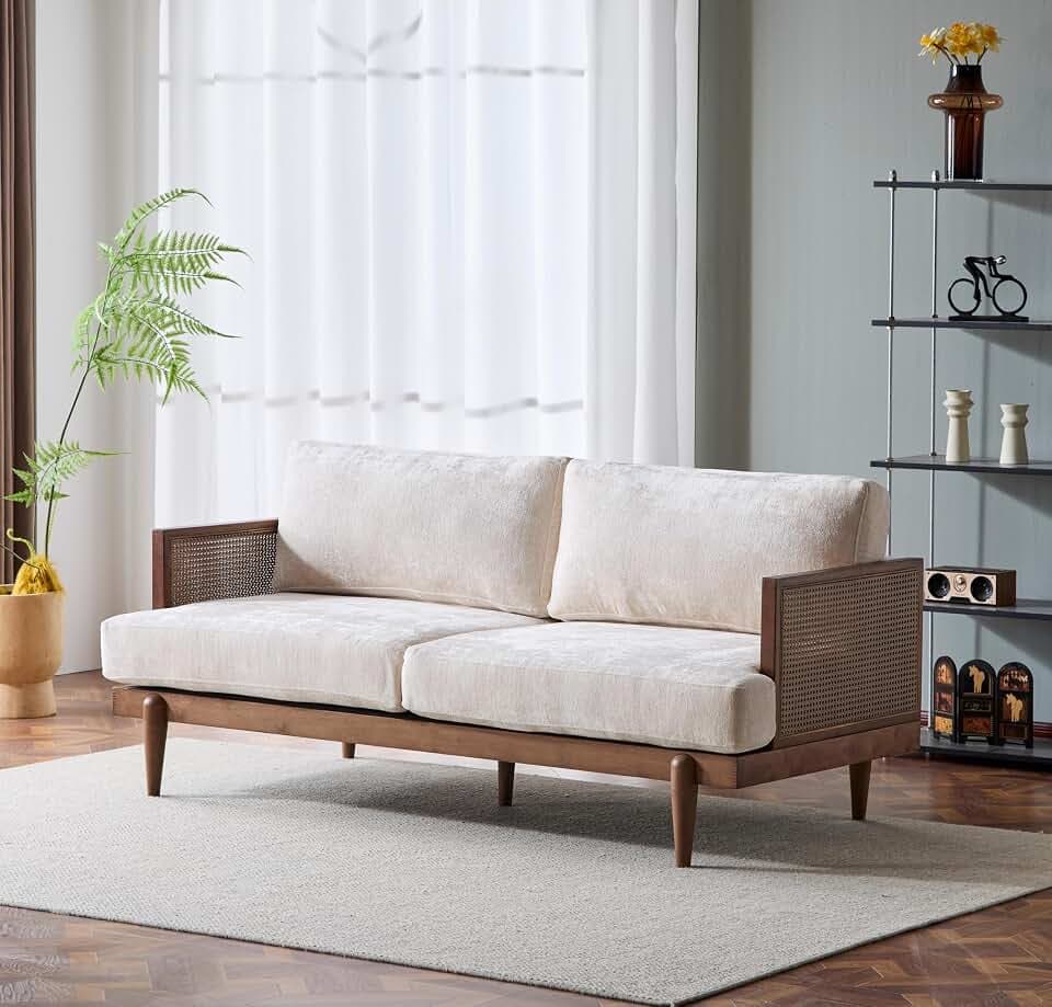 Merax 72" Square Arm 3-Seater Couch Sofa with Cane Rattan & Rubber Wood Frame, High-Resilience Sponge Cushions, Vintage Modern Comfy Couch for Living Room Bedroom Apartment Office, Walnut+Beige