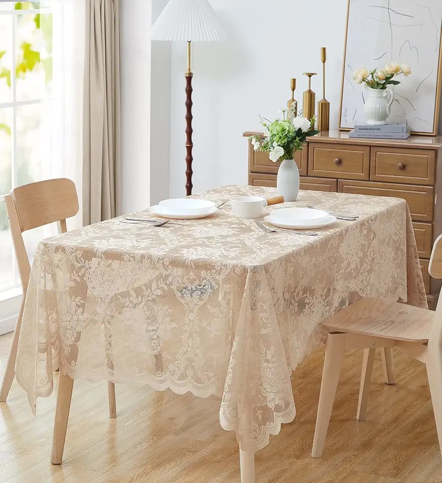 LinenZone 60 x 120 Oblong Linen Lace Tablecloth. (Luna TC 60 x 120, Linen)