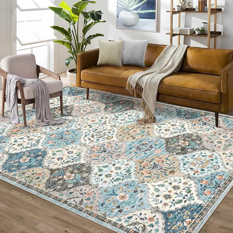 GarveeHome Floral Trellis 8x10 Rug Machine Washable Rugs Non Slip Non Shedding Vintage Rug Indoor Floor Carpet Low Pile Distressed Rugs for Living Room Bedroom Home Decor, Blue/Taupe