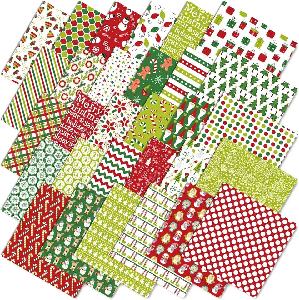 JarThenaAMCS 60Pcs Christmas Cotton Fabric Bundles 10 x 10 Inch Xmas Tree Snowflake Santa Gingerbread Fabric Squares Red Green White Sewing Fabrics for Xmas Winter DIY Craft Party Decor