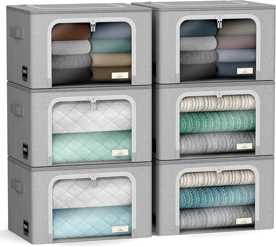 Sorbus Clothes Storage Bins with Metal Frame, Clear Window (6 Pack, Gray)