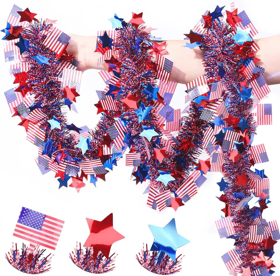 50FT 4th of July Decorations Red White Blue Star American Flag Tinsel Garland, Glitter Patriotic Garland for Fourth of July Independence Day Memorial Day Decor Outdoor Indoor Home Party Decor Supplies