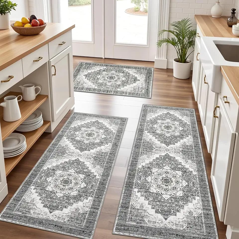 Kitchen Rugs Sets of 3 100% Non Slip Washable Kitchen Mats for Floor, Grey2