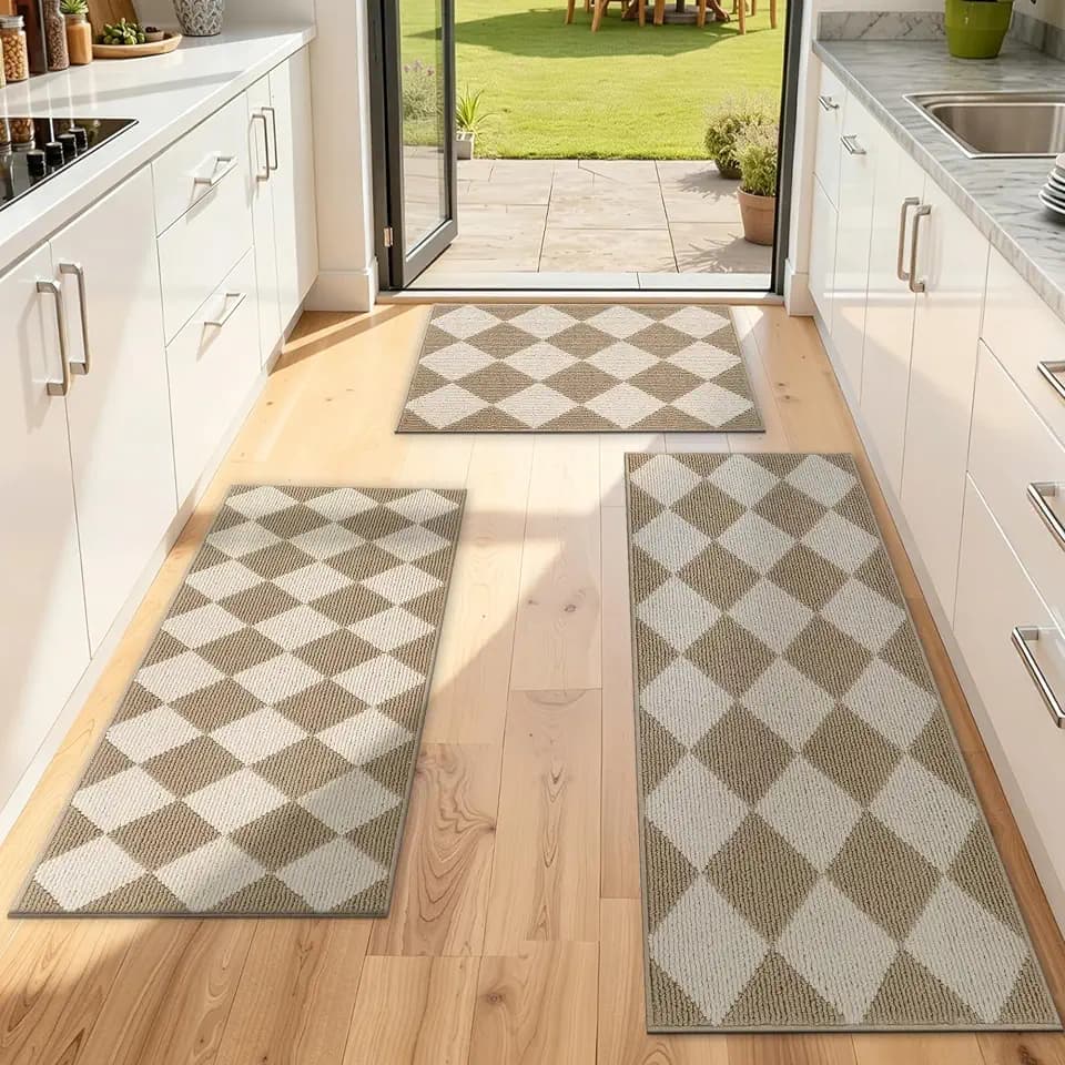SHACOS Kitchen Rugs Set of 3 Checkered Kitchen Mats for Floor, Beige/White