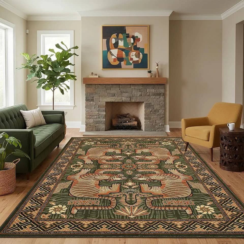 GarveeHome Tibetan Tiger 8x10 Washable Area Rugs for Living Room, Boho Tribal Green Soft Animal Print Throw Rug Vintage Non Slip Ultra Thin Stain Resistant Floor Carpet for Office Bedroom