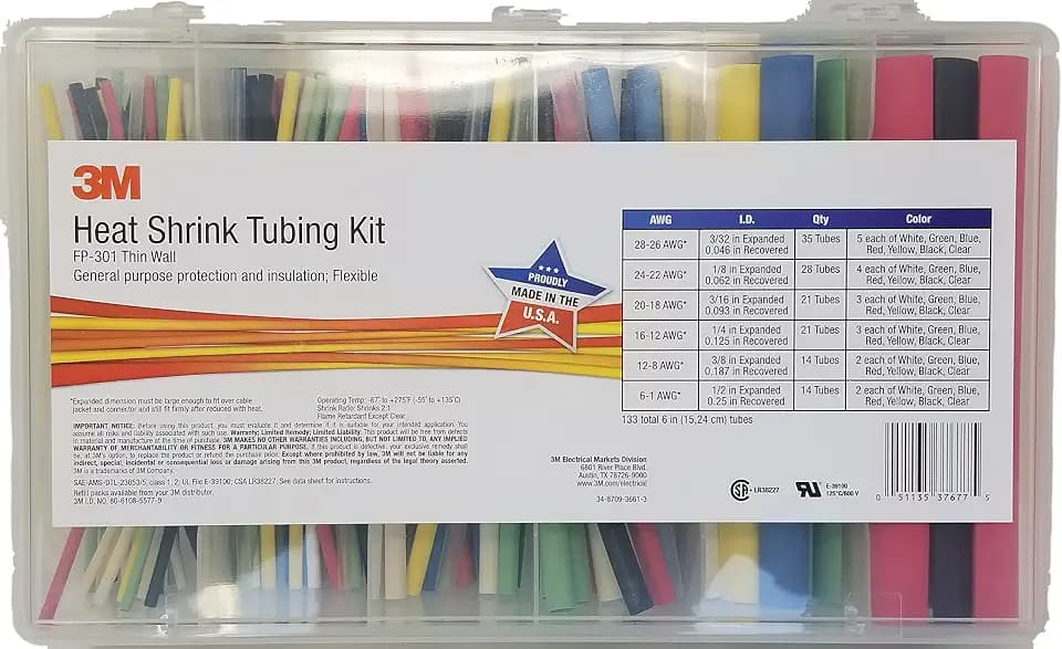 3M FP301-3/32-TO-1/2-ASSRTED-5 Single Wall (Thin) Heat Shrink Tubing FP-301 Assorted Size Kit 48 Inch Flexible Polyolefin