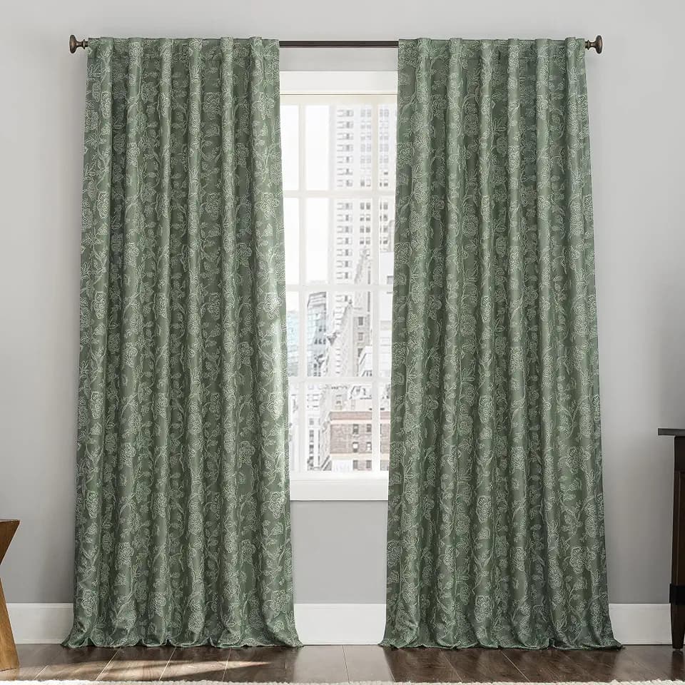 Sun Zero Brookhaven 2-Pack Embroidered Floral Pleated Look 100% Total Blackout Back Tab/Rod Pocket Curtain Panel Pair, Moss Green, 50" W x 96" L (2 Panels)