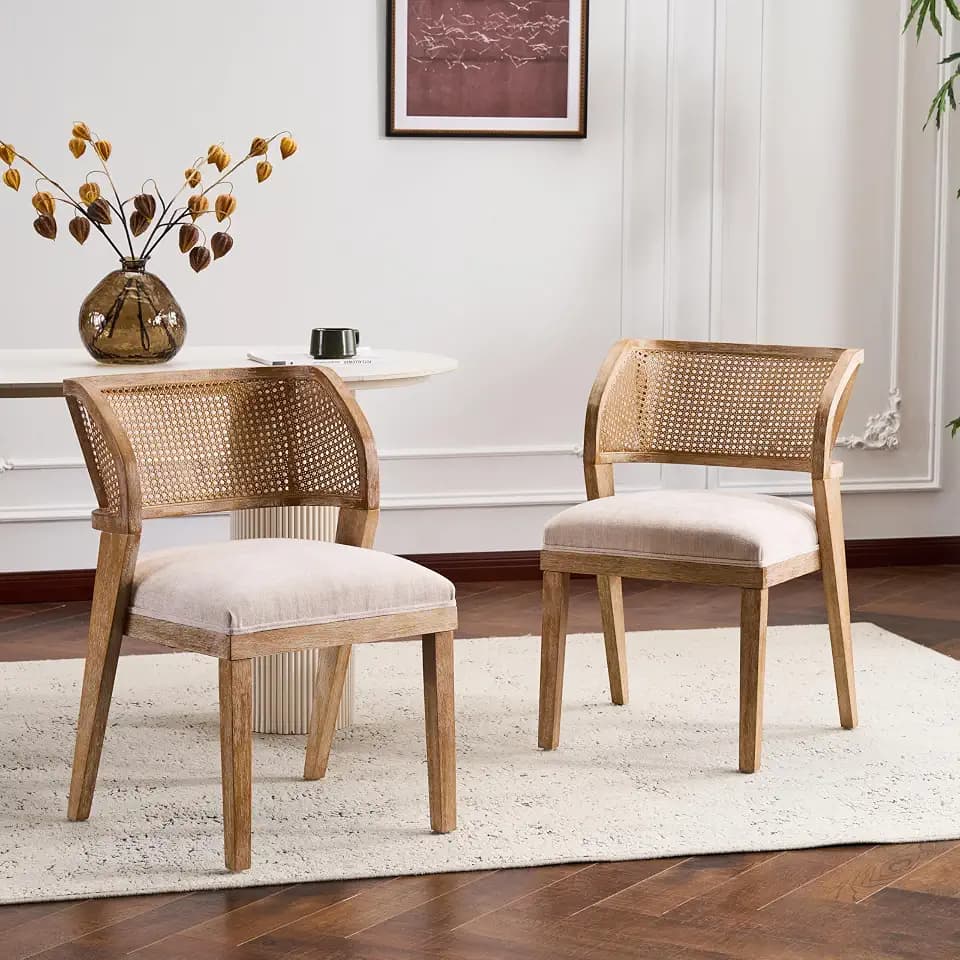Christopher Knight Home Ashe Upholstered Dining Chairs Set of 2, Modern Dining Chair with Curved Woven Rattan Back, Rubberwood Frame Kitchen Chairs, Extra Seat for Dining Room, Beige + Natural