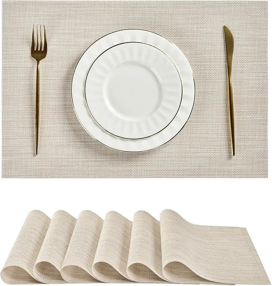 Beige White Placemats Set of 6 - Heat Resistant Non-Slip Place mats for Dining Table, Washable Durable PVC Vinyl Woven Table Mats(Beige White, 6)