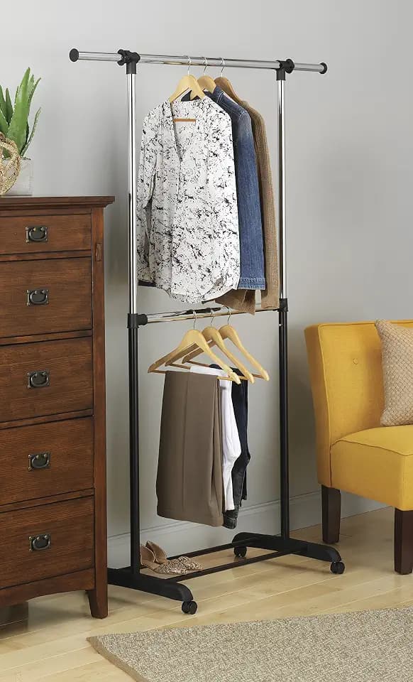 Whitmor Adjustable 2-Rod Garment Rack - Rolling Clothes Organizer - Black and Chrome