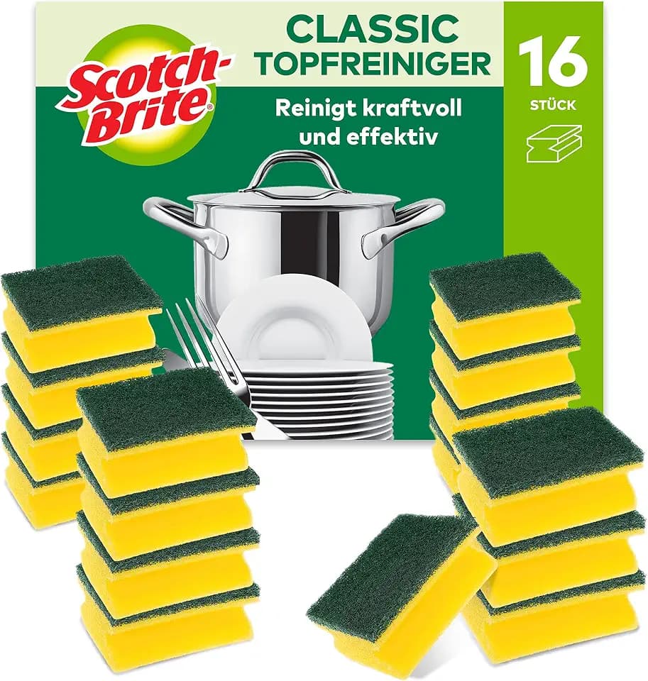 Scotch-Brite Classic Topfreiniger, 16 Schwämme pro Packung, Schwamm für Küche – Reinigt kraftvoll und effektiv
