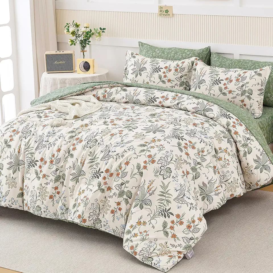 WONGS BEDDING Floral Comforter Set King Size,7 Pieces Bed in a Bag Flower Bedding Sets Botanical Microfiber Comforter Soft Loghtweight Bed Set with Sheet,Pillowcases&Shams