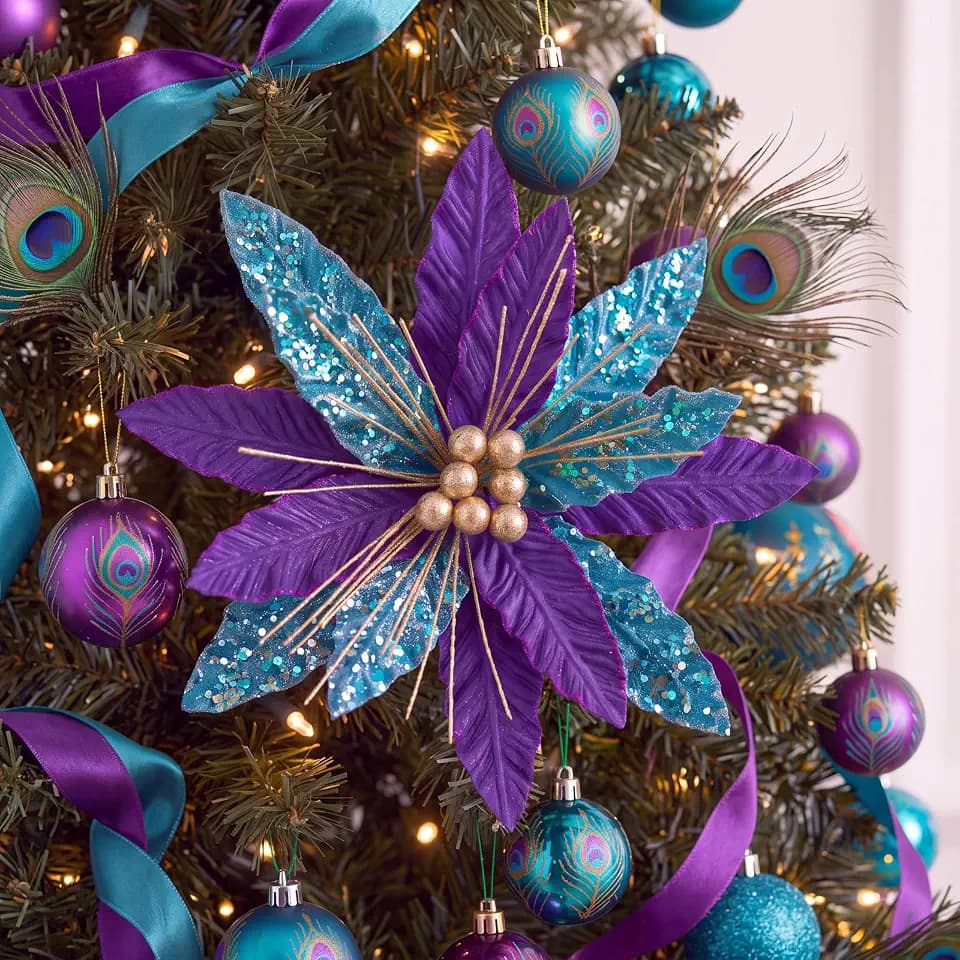 Thiccywoov 6 Pcs Peacock Striped Artificial Poinsettia Flowers Christmas