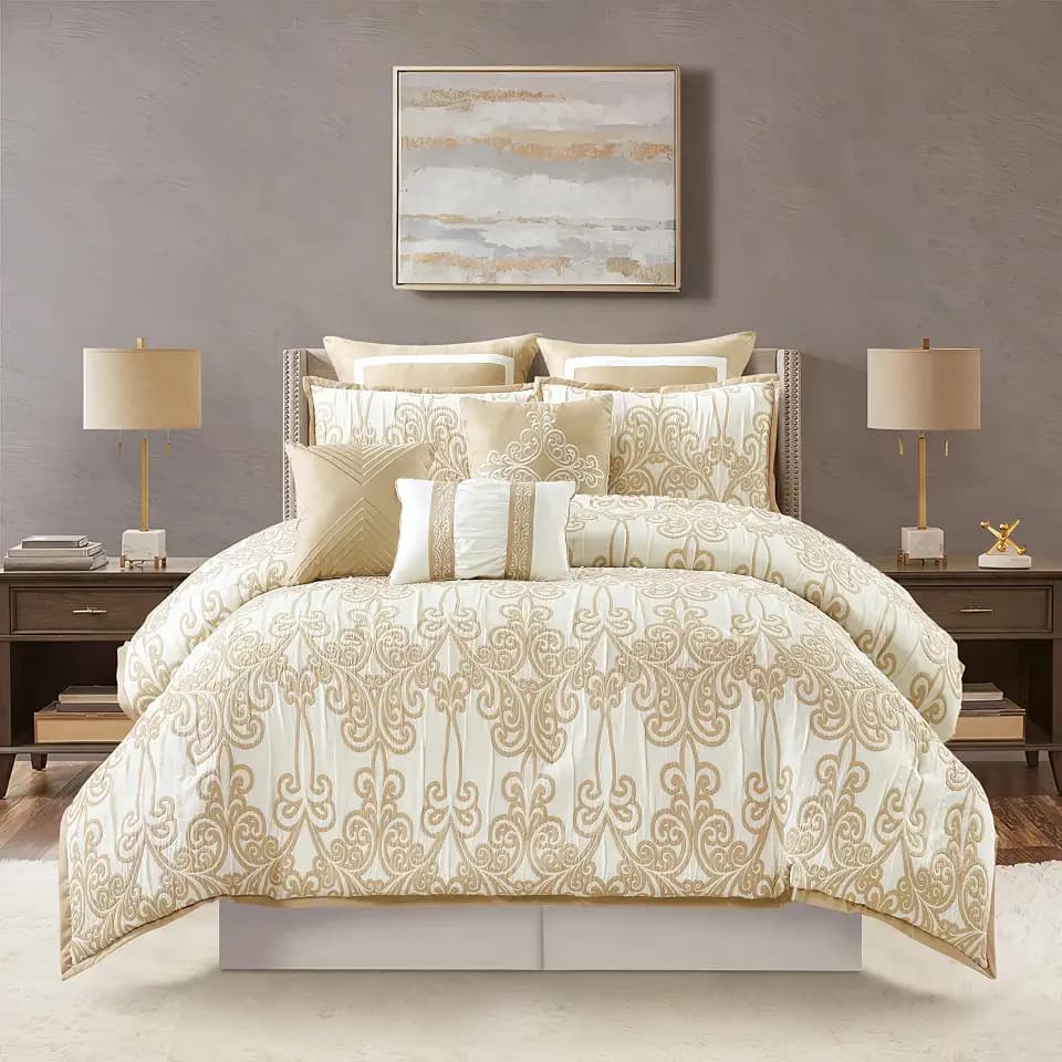 Stratford Park Beige and Gold Comforter Set Queen Size, 9 Piece Jacquard Floral Bedding Set, All Season, Ultra-Soft, Matching Pillows & Shams, Bed Skirt