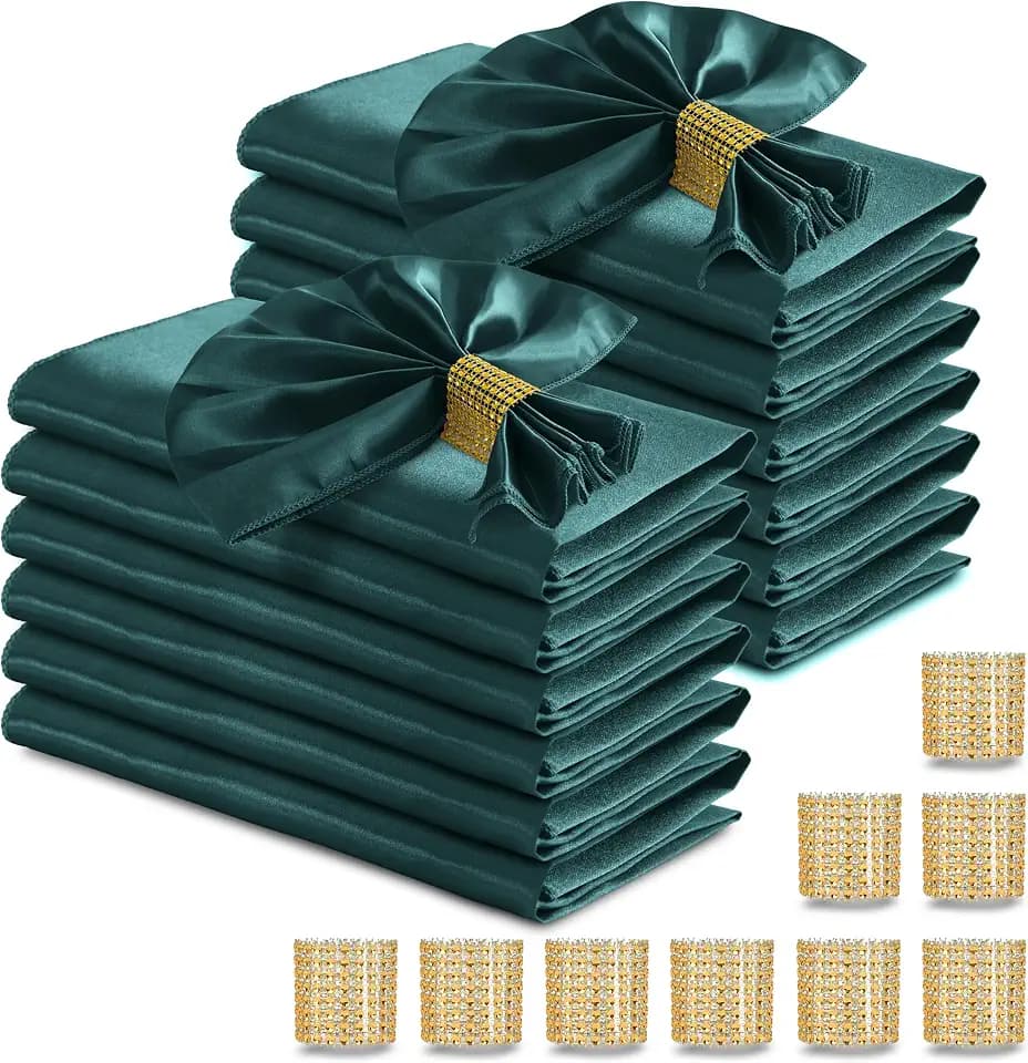 RUDONG M Dark Green Satin Napkins and Napkin Rings Set of 50, 17 x 17 Inch
