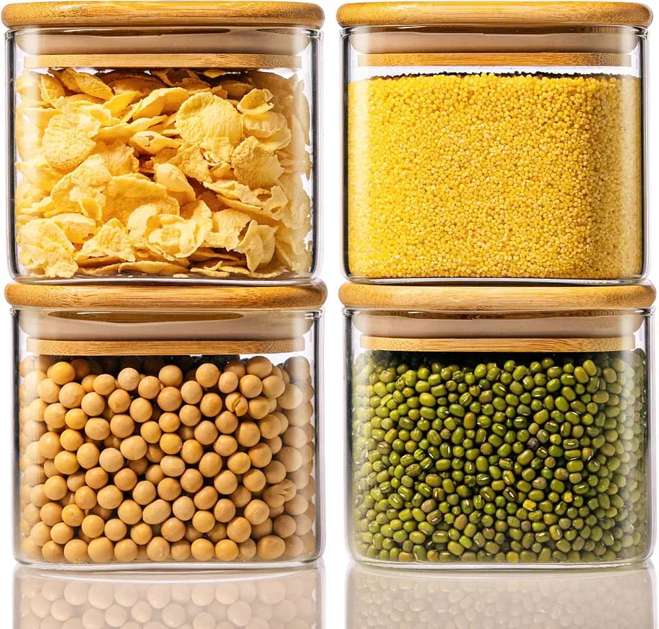 21 oz Square Glass Food Storage Containers with Airtight Bamboo Lids, 4Pack