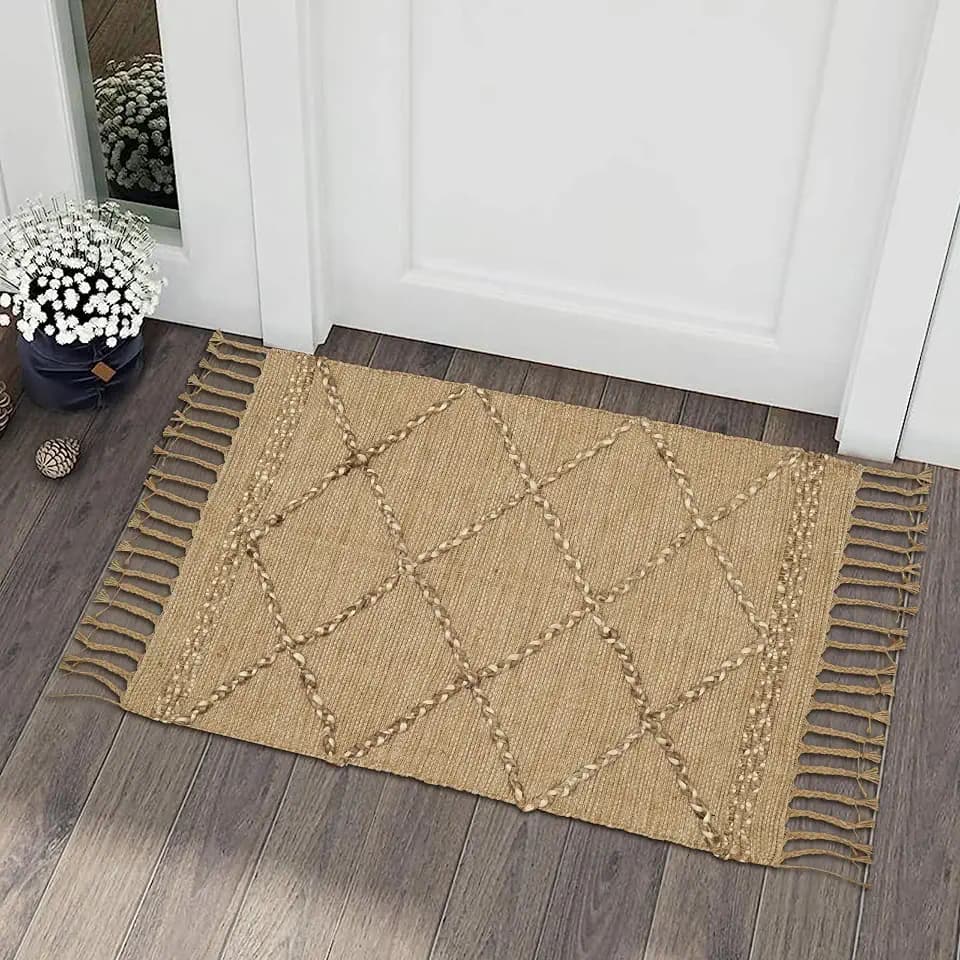 Hausattire Jute Boho Rug, Natural Brown, 2x3 ft, Non-Slip Geometric Weave