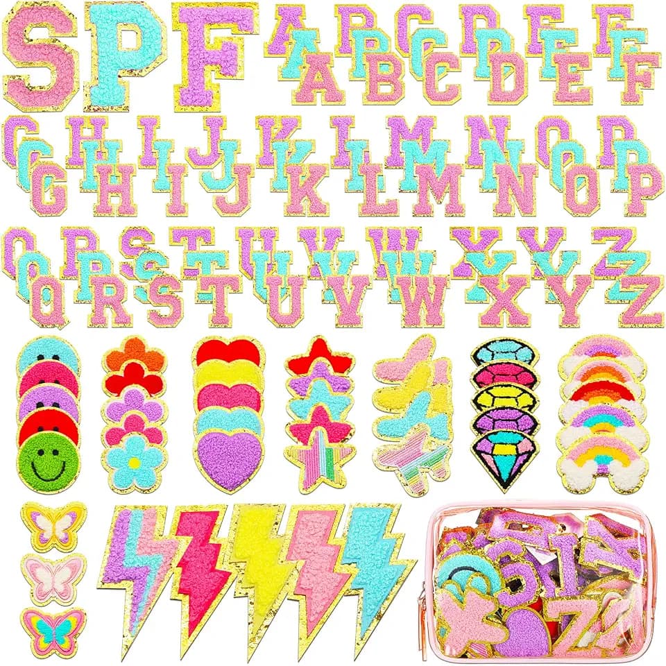Chenille Letter Patches, Classic Style, Pink, Purple, Blue