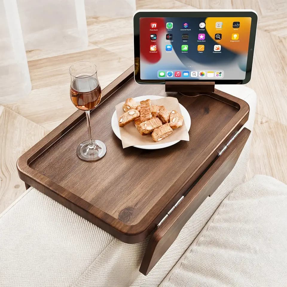 HOLANA 15.75" Acacia Couch Armrest Table with Phone Holder, Walnut Color