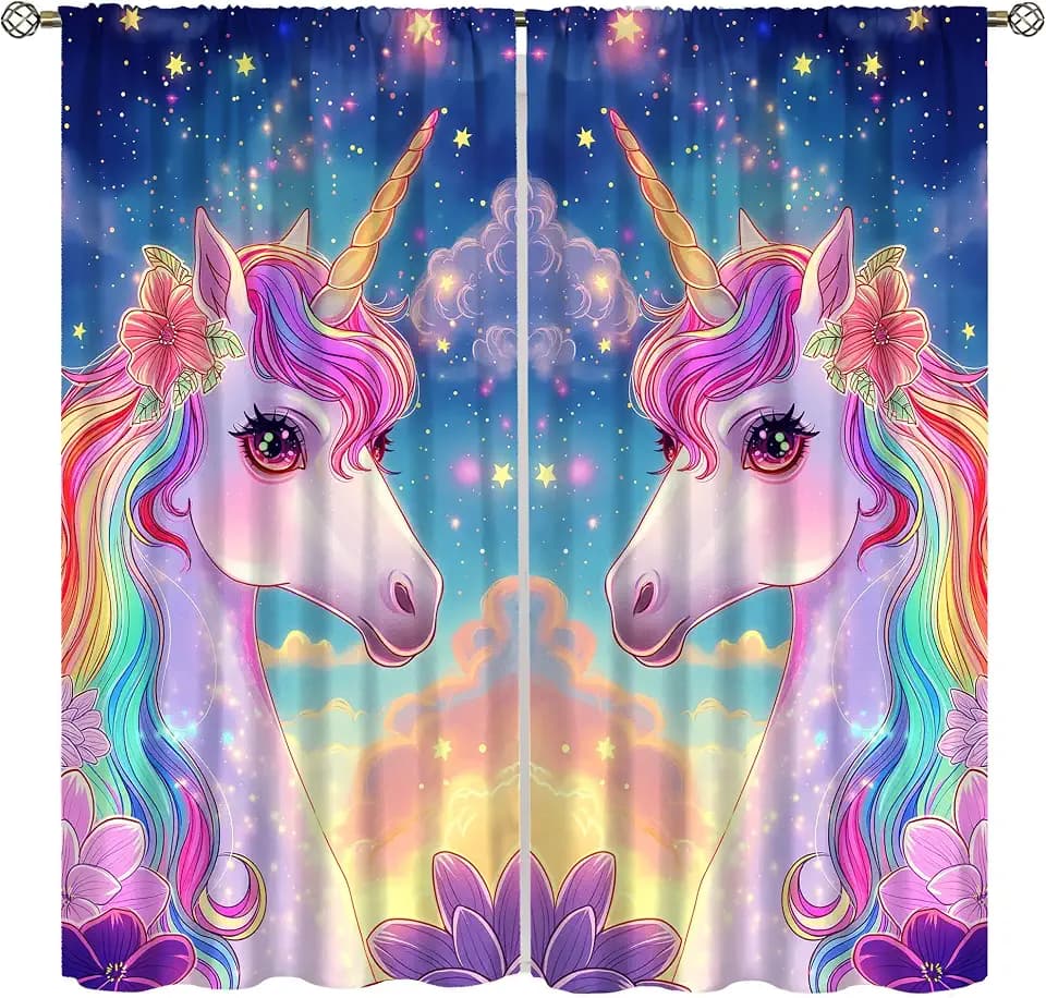 Girls Rainbow Unicorn Curtains, Mystic Magic Fantasy Starry Night Beautiful Fairytale Pink Unicorns Blackout Windows Treatments, Thermal Insulated Drapes for Kids Living Room Bedroom 42x63in