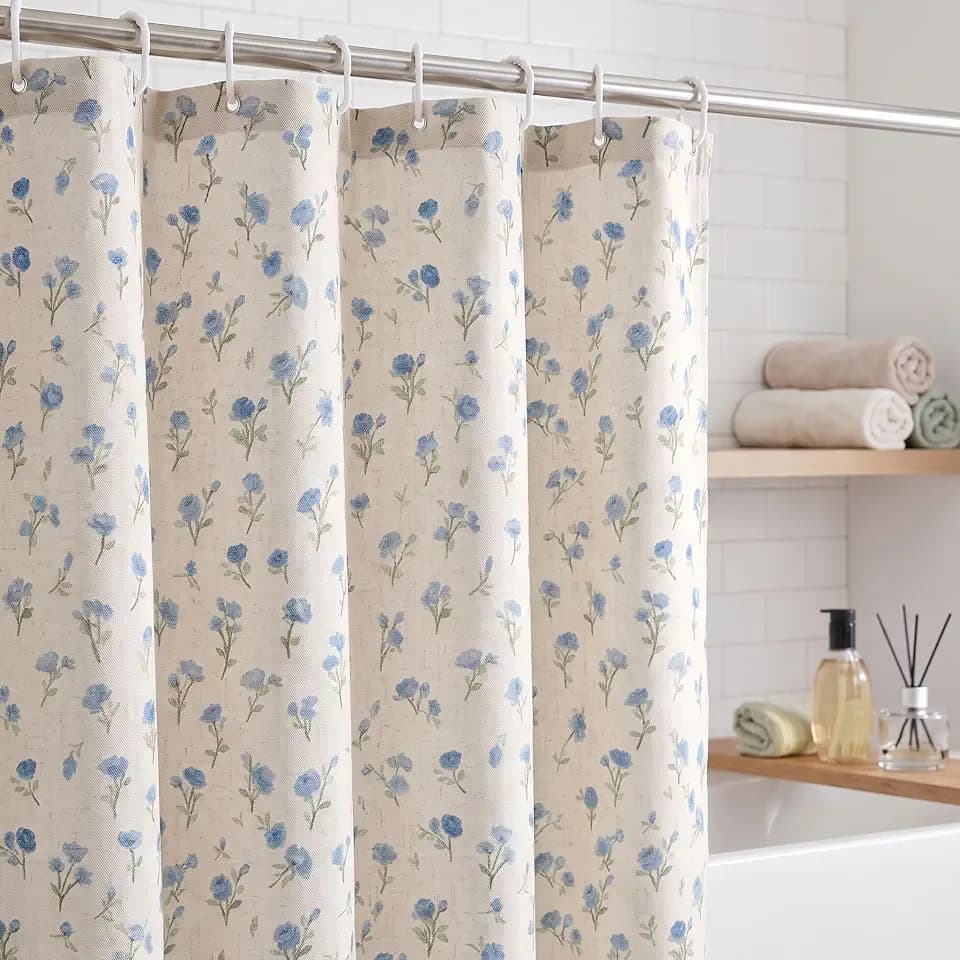 Boao Floral Shower Curtain, Linen Farmhouse Boho, Blue Flower
