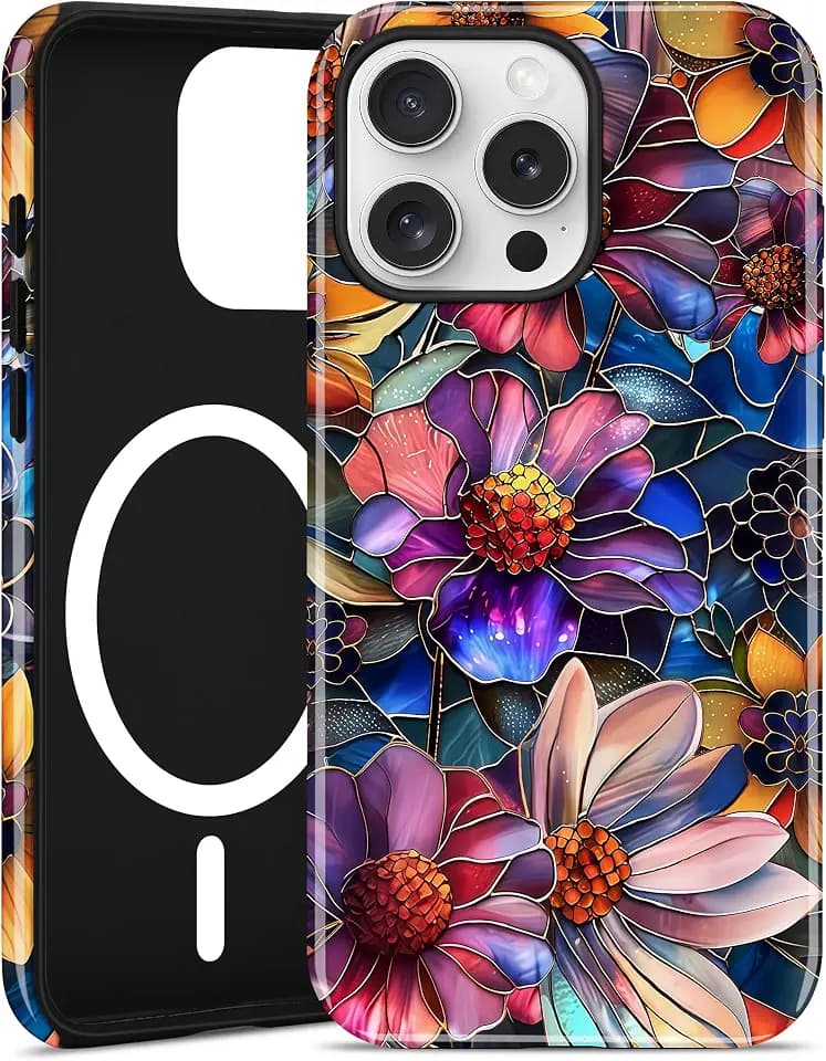 Jusy Magnetic Stained Glass Floral Case for iPhone 13 Pro, Purple