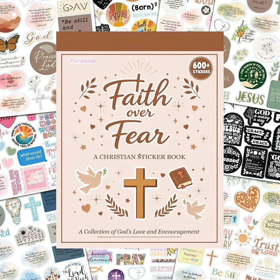 600Pcs Faith Over Fear Christian Sticker Book by Puraesla, Bible Verse & Jesus Stickers for Women Girls Teens, Faith-Based Religious Scripture decals for Journaling, Water Bottles, Laptops & Notebooks