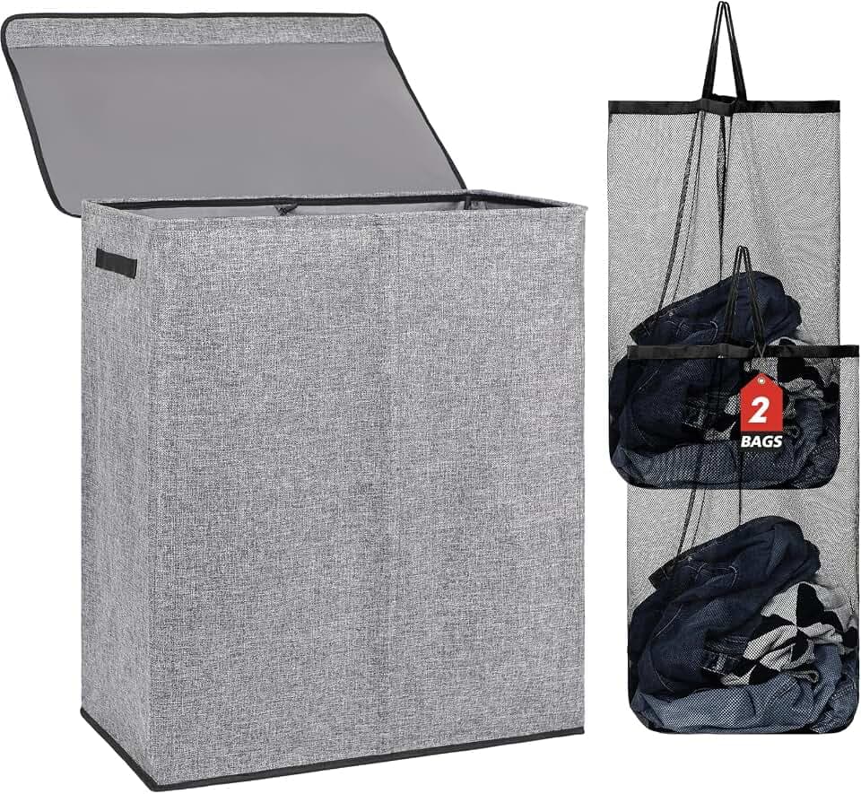 DOKEHOM 150L Double Laundry Basket Hamper with Lid & Removable Bags, Grey