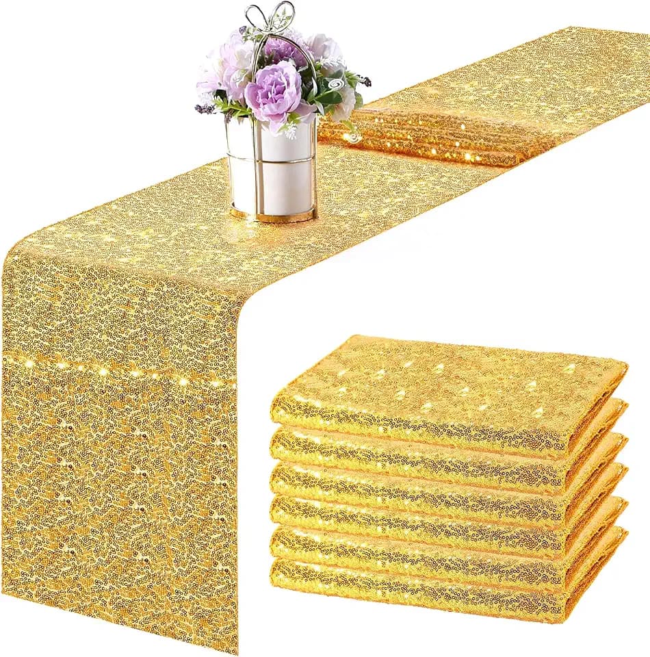 Tegeme 6 Pcs 12x108 Sequin Table Runner Decor, Gold