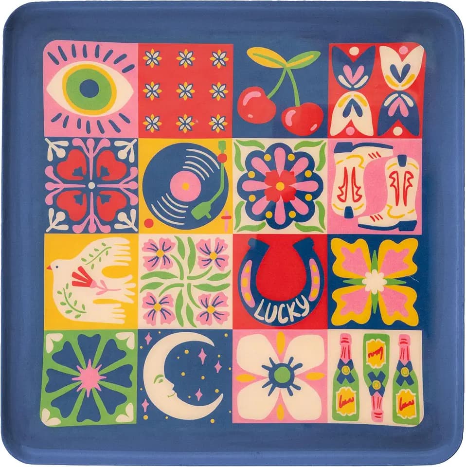 Karma, Enamel Trinket Tray, Square Colorful Ring Bowl, Jewelry Dish Tray for Rings Bracelets Necklace, Large, Tile