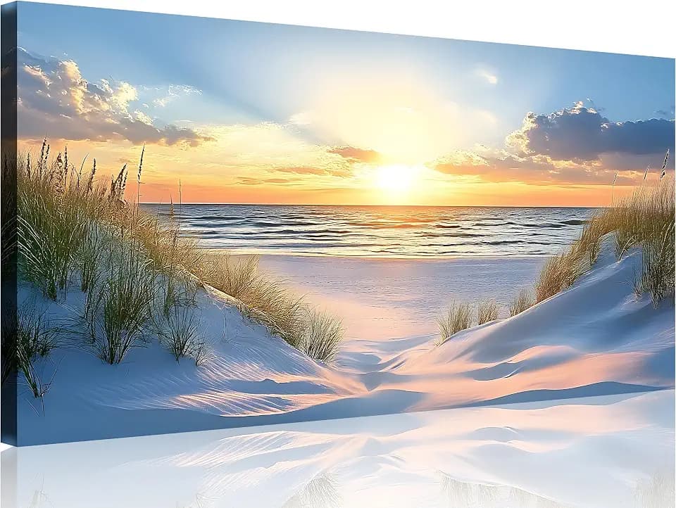 TutuBeer Beach Pictures Ocean Pictures Wall Decor White Beach with Dunes and Grass Picture Print on Canvas Ocean Seascape Paintings Canvas Art Prints Wall Decor Ready to Hang 16" x 32"
