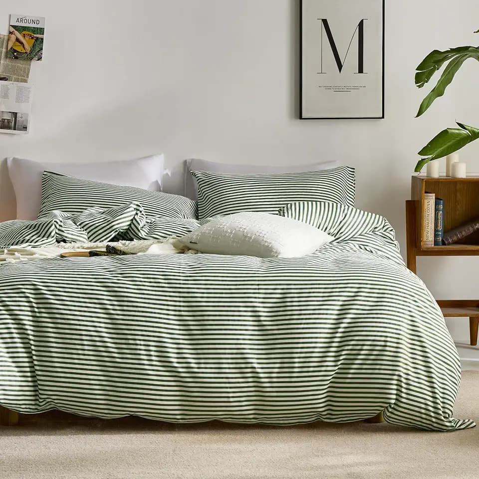 JELLYMONI 100% Cotton Classic Striped Queen Duvet Cover Set, Green/White
